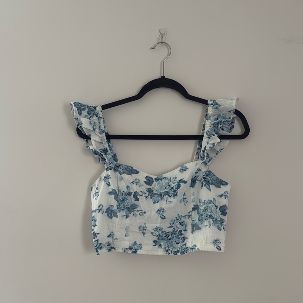 Blue and White Ruffled Crop Tank Top